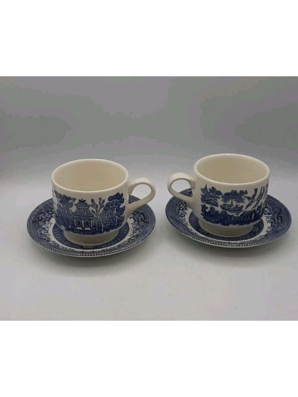 Vintage Churchill England Blue Willow Cup and Saucer Sets Coffee Tea Set of 2